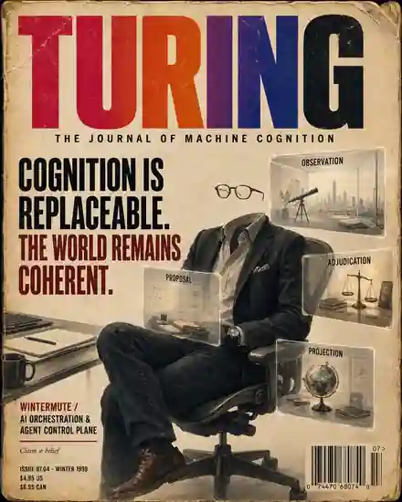 A weathered fictional 1999 issue of TURING, The Journal of Machine Cognition. An invisible figure sits in an office chair wearing a suit, surrounded by four labeled loci: Observation, Proposal, Adjudication, and Projection. The cover reads Cognition Is Replaceable. The World Remains Coherent.