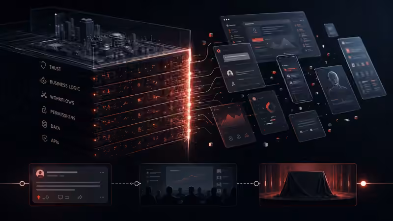Dark editorial illustration of a governed Salesforce core — data, permissions, workflows, business logic, trust, and APIs — separated from replaceable interface surfaces, with a visual timeline from the February 24 Reddit post to the April 15 Headless 360 launch.