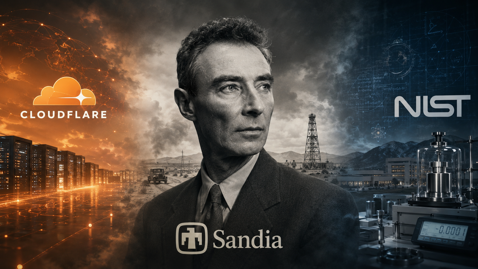 Editorial composite connecting Cloudflare infrastructure, Sandia's historical laboratory lineage, and NIST measurement science.