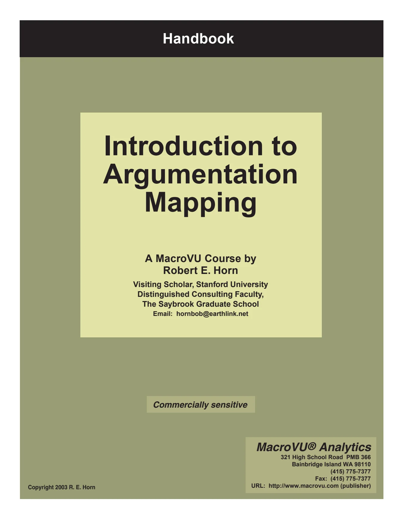Cover of Introduction to Argumentation Mapping, a MacroVU course by Robert E. Horn, copyright 2003.
