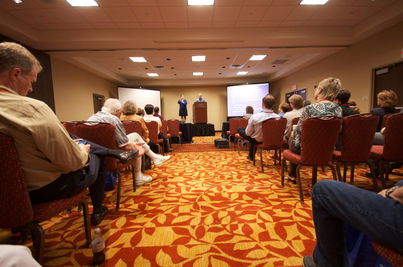 A TDI conference session: attendees seated facing a presenter at a podium with an interpreter beside them and a captioning screen on the right.