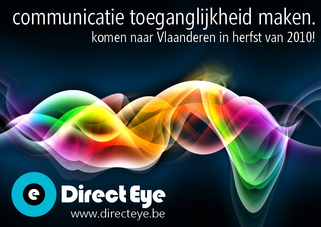 A DirectEye banner reading “communicatie toeganglijkheid [sic] maken. komen naar Vlaanderen in herfst [sic] van 2010!” over a coloured light-wave graphic.