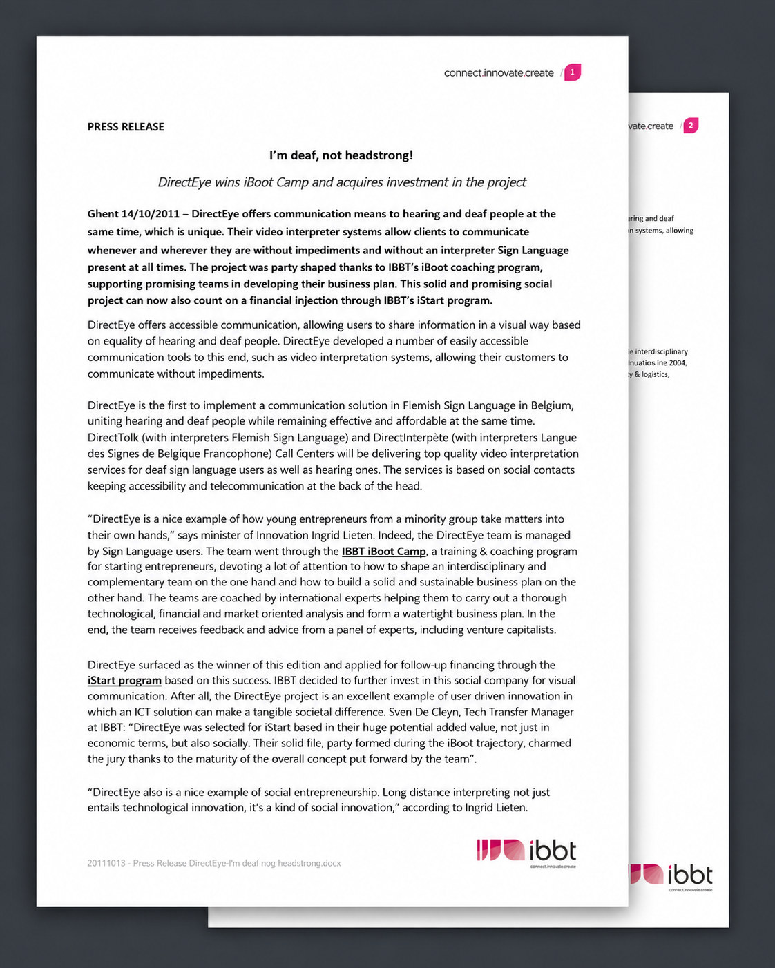 A 2011 IBBT press-release page announcing that DirectEye won iBoot Camp and received iStart investment.