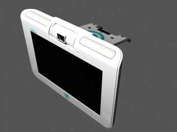 Three-dimensional product render of the DirectEye VidEye video communication device on a grey background.
